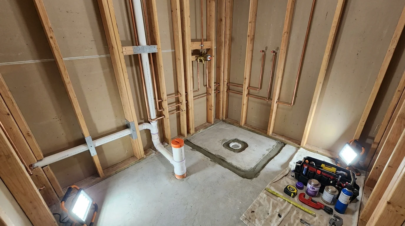Bathroom rough-in plumbing during remodel by Johns Plumbing LLC in Watkins Glen