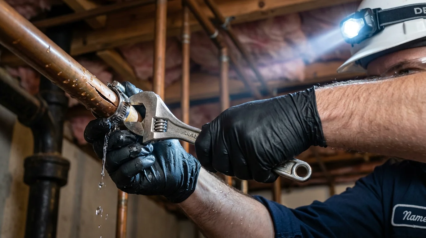 Emergency pipe clamp repair being performed by a Johns Plumbing LLC plumber in Watkins Glen