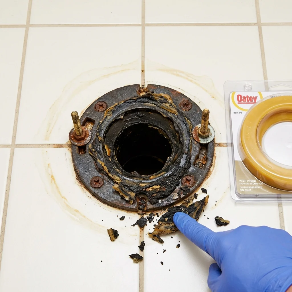 Failed wax ring showing water seepage at the base of a toilet in a Watkins Glen, NY home