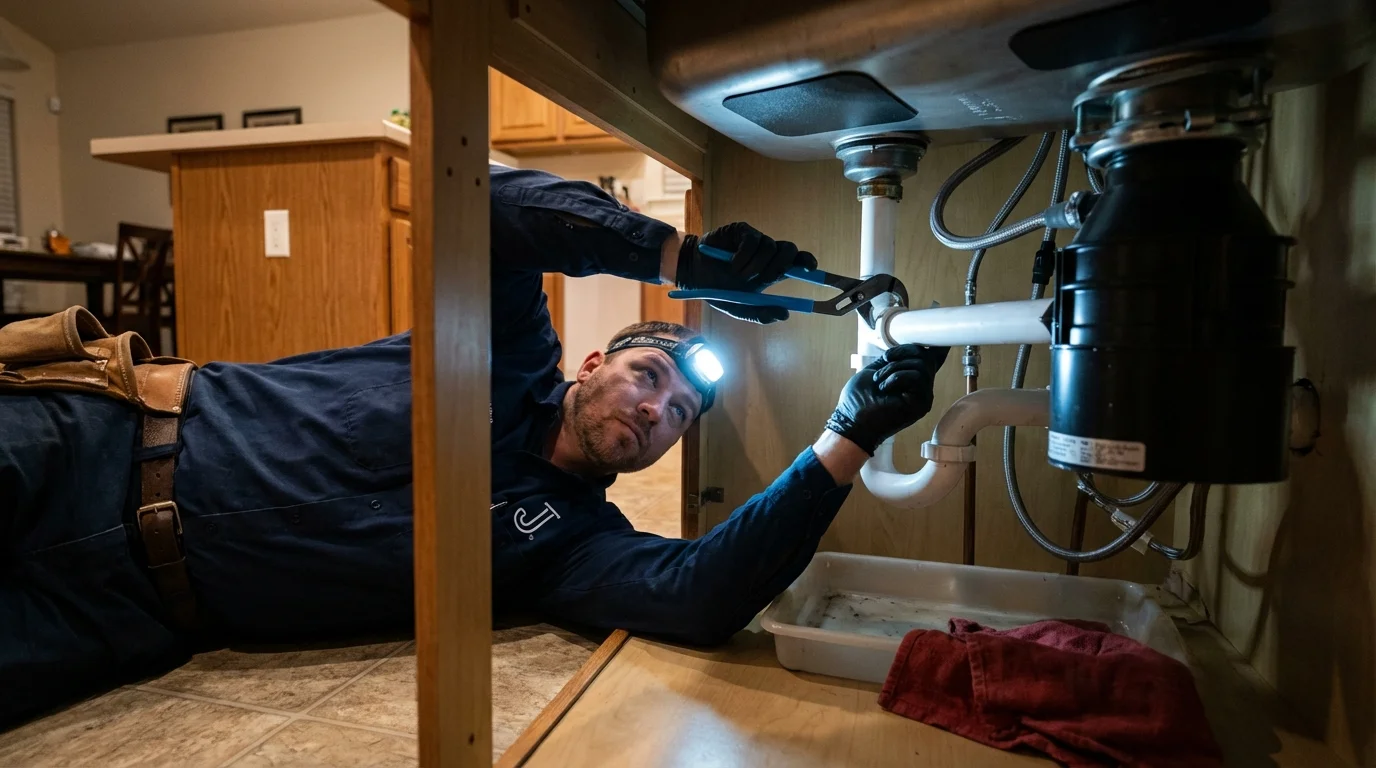 P-trap and supply line connections under a kitchen sink showing a common leak point in Watkins Glen, NY